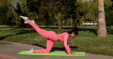 Genç, çok ırklı, pembe spor kıyafetleri, pantolon ve bluz giyen, parkta spor paspası, sağlık sigortası ve zihinsel terapi üzerine yoga egzersizleri yapan çekici bir kadın..
