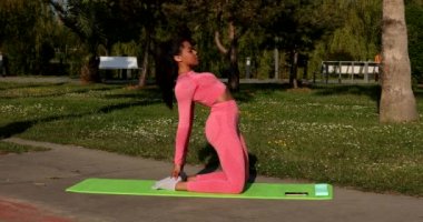 Genç, çok ırklı, pembe spor kıyafetleri, pantolon ve bluz giyen, parkta spor paspası, sağlık sigortası ve zihinsel terapi üzerine yoga egzersizleri yapan çekici bir kadın..