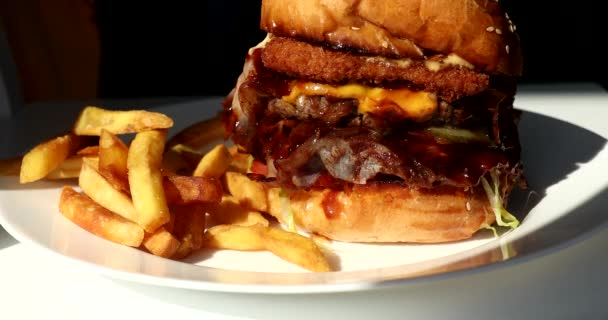 Hambúrguer Grelhado Saboroso Com Carne Queijo Legumes Delicioso Cheeseburger Grelhado — Vídeo de Stock