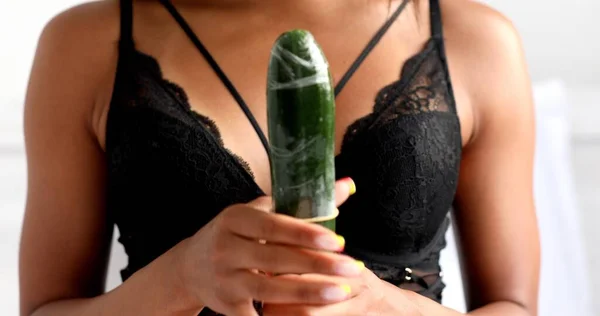 Cropped Shot Young Woman Lingerie Holding Cucumber Condom — Foto de Stock