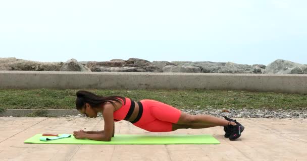 Sportieve Vrouw Planking Outdoor Tijdens Fitness Sessie Atletische Jonge Vrouw — Stockvideo