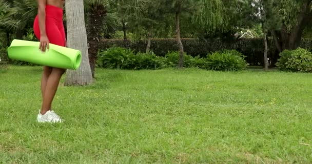 運動の前にヨガマットを持つ若い女性 健康的なライフスタイル 公園でクラス終了後ヨガマットを保持若い女性 — ストック動画
