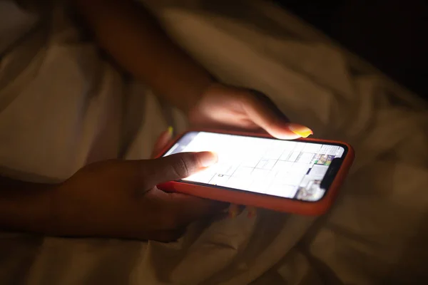 Close Portrait African American Woman Looking Phone While Lying Bed — Stockfoto