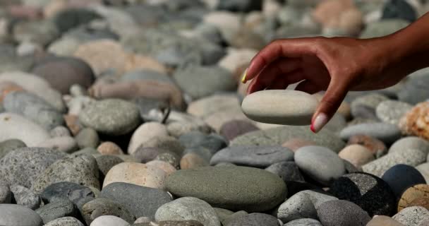 Hand Making Stone Tower Sea Beach Close Stack Balanced Pebbles — 图库视频影像