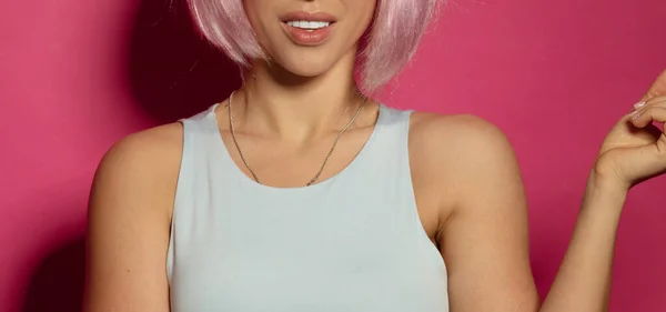 Beautiful Young Sexy Woman Pink Hair Posing Pink Background — ストック写真
