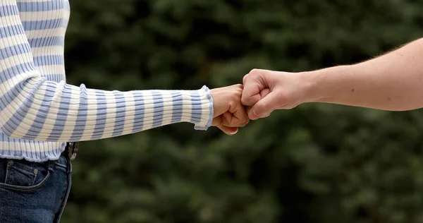 Secret Handshake Unrecognizable Caucasian Man African Woman Variation Greeting Companionship — Stock Photo, Image