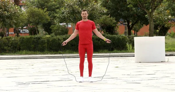 Caucasian Athletic Sportsman Working Out Jumping Rope Nature — Stok fotoğraf