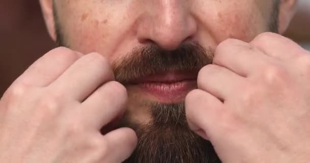 在理发店理发后 男人笑着摸胡子 喜欢理发 — 图库视频影像
