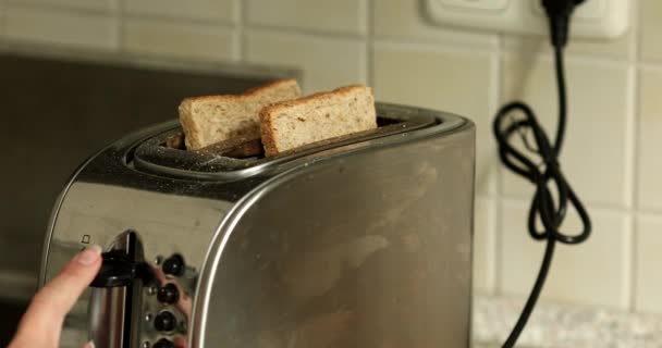 Pieczony Chleb Srebrnym Tosterze Dwa Pyszne Tosty Proces Smażenia Toastów — Wideo stockowe