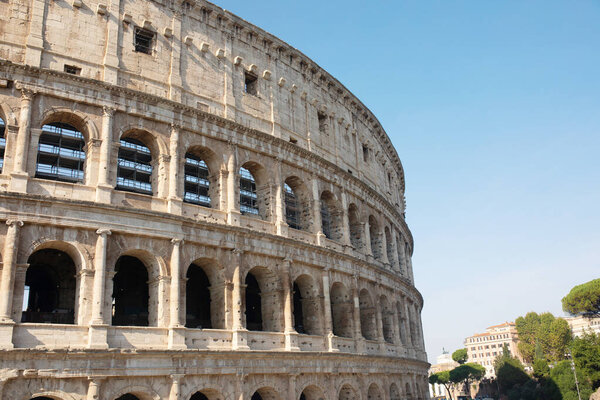 Rome, Italy - 12.10.2022: Coliseum (Colosseum), Rome, Italy. Ancient Roman Coliseum famous landmark, tourist attraction of Rome. Scenic view of Coliseum
