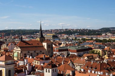 Vew from the top of City Hall to Prague old town, view on roofs from above on summer sunny day