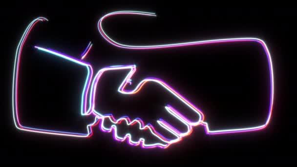 Анімація Знаків Рукостискання Вітання Неонові Лінії Малюють Піктограму Рукостискання Чорному — стокове відео
