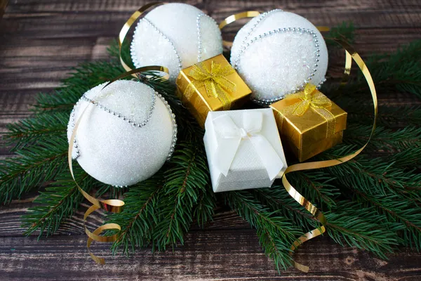 Christmas Decoration Fir Branches Christmas Balls Gifts Wooden Table — Stock Photo, Image