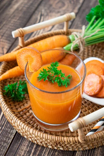 Carrot Juice Herbs Table Glass — Stock Photo, Image