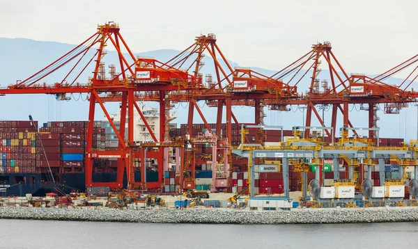 Closeup Industrial Port Containers Deep Water Port Cranes Container Ships — 图库照片