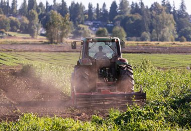 Traktör bahar ya da sonbahar mevsiminde tarlaları sürüyor. Sokak fotoğrafı, konsept fotoğraf tarımı