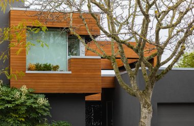 Güzel modern mimari - düşük enerjili ahşap paneller ev ve bahçe. Ormandaki modern kır evi villası. Sokak fotoğrafı, hiç kimse, seçici odak