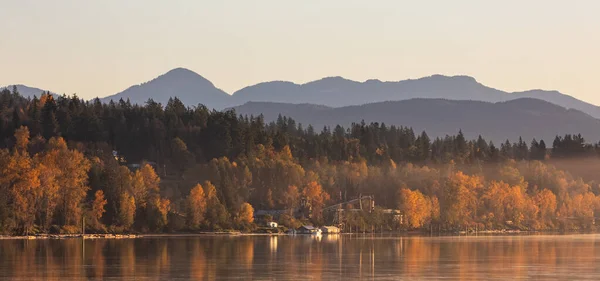 Erstaunliche Herbstlandschaft Mit Wald Und Bergen Einem Fluss Morgensonnenlicht Bunte — Stockfoto