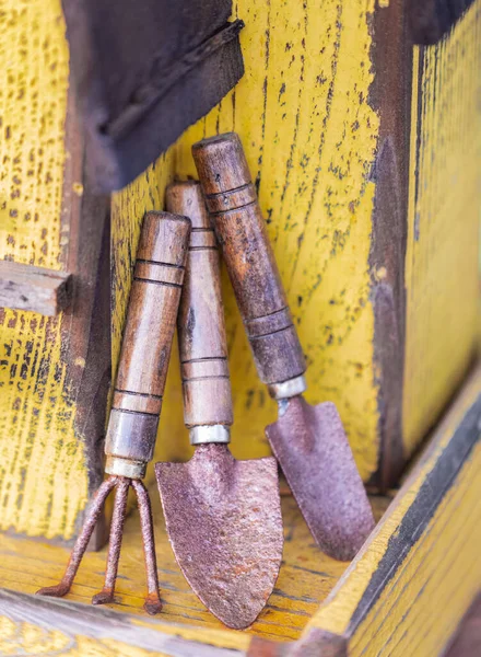 Τρία σκουριασμένα κομμάτια κηπουρικής σε ξύλινο φόντο. Εργαλεία κηπουρικής — Φωτογραφία Αρχείου