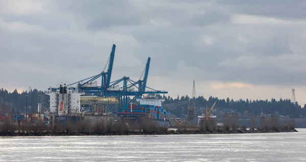 装有集装箱的工业港口 位于加拿大不列颠哥伦比亚省萨里郡的带有起重机的深水港口 2021年12月5日 旅行照片 选择焦点 没有人 复制文字空间 — 图库照片