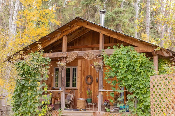 Eine Holzhütte Einem Wald Einem Herbsttag Details Einer Blockhütte Wald — Stockfoto