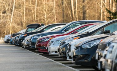 Şehir parkındaki asfalt otoparkta araba park ediyor. Açık hava otoparkı, doğa, taze ozon ve yeşil çevre. Seyahat ve iş kavramı. Sokak manzarası, seçici odak, hiç kimse, bulanık.