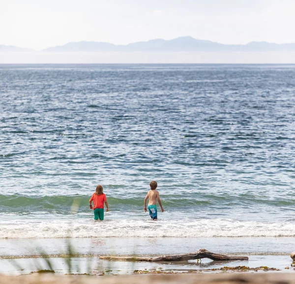 Dva Kluci Hrají Moři Happy Kids Playing Blue Water Summer — Stock fotografie