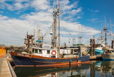 Victoria BC, Kanada 'daki körfeze demirlemiş tahta tekne. Güzel bir balıkçı teknesi 23 Temmuz 2021 'de demir attı. Seyahat fotoğrafı, seçici odak, hiç kimse, seçici odak