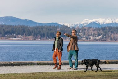 Yaşlı bir çift parkta köpekleriyle yürüyor. Sokak fotoğrafı, seçici odak, metin için kopyalama alanı 8 Mart 2021-Vancouver BC, Kanada