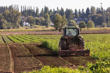 Traktör bahar ya da sonbahar mevsiminde tarlaları sürüyor. Sokak fotoğrafı, konsept fotoğraf tarımı, seçici odak noktası MÖ 1.2021-Vancouver, Kanada.