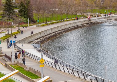 Harbour Green Park, Vancouver Limanı kıyısında 11 Nisan 2022-BC, Kanada. Sokak fotoğrafı, soyut fotoğraf, seçici odak