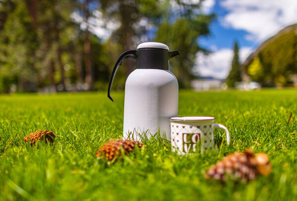 Summer picnic on the green grass. Tea pot thermos with mug on the outdoor picnic in a park on the blue sky and clouds in the background. Street view, travel photo, nobody.