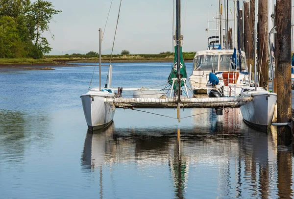 Beautiful seascape and sailing catamaran in the blue sky at the background. Sailing on Trimaran Sail Boat. Travel photo, nobody, copy space for text, summer activity and water sports activity concept