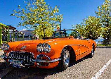 1959 model turuncu bir Chevrolet Corvette Üstü açılır araba yaz parkında. Ön manzara. Klasik bir Cabrio arabası. 7 Haziran 2022 - Peachland BC Kanada-Seyahat fotoğrafı, antika araba konsepti.