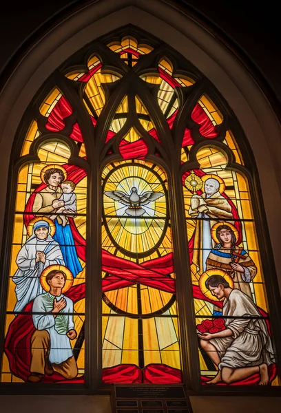 stock image Stained glass window of Metropolitan Cathedral of Our Lady of the Holy Rosary is French Gothic church as the cathedral of the Roman Catholic Archdiocese of Vancouver-July 10,2022-Canada. Nobody
