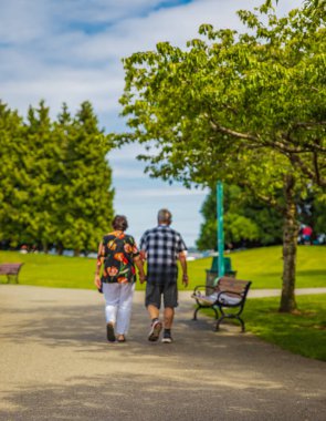 Kıdemli çift yaz parkında yürüyüş yapıyor. Yaşlı bir çiftin el ele tutuşurken çekilmiş bulanık bir fotoğrafı. Bulanık görüntü. Aktif kıdemli çift yaz günü yürüyüşe çıkıyor. Seçici odak, boşluğu kopyala