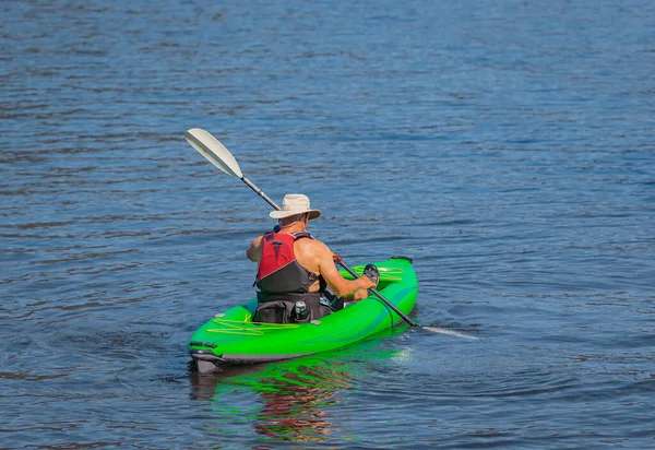 Senior Man Practicing Kayaking Summer Landscape Man Fisherman Floats Inflatable — Zdjęcie stockowe