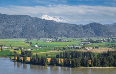 View of the Fraser Valley near Abbotsford BC. Summer in the Fraser Valley. Canadian homestead. Rural agricultural land. The Frazier River is an important salmon habitat for the lower mainland of BC