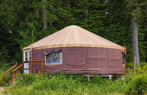 Urta nomadic house in the mountains. Yurt traditional nomadic house on the green grass in a forest. Nobody, travel photo.