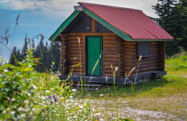 Old wooden hut cabin in mountain alps at rural summer landscape. Cozy wooden cabin in a forest. Tourist hikers summer accommodation in the mountains. Beautiful British Columbia, Canada. Travel photo