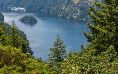 Beautiful view of the Saanich inlet and gulf islands from the Malahat summit at summer day in Vancouver Island BC Canada. Nobody, travel photo, selective focus