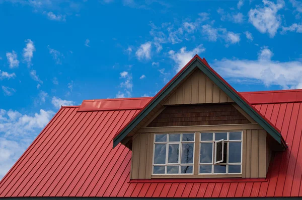 Red Roof Dormer Blue Sky Background Decorative Metal Roof Types — Photo