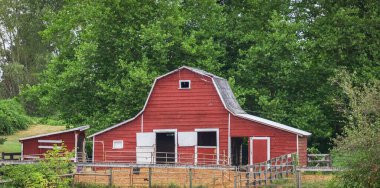 Agriculture Landscape With Old Red Barn. Red Barn in rural Canada. Travel photo, nobody