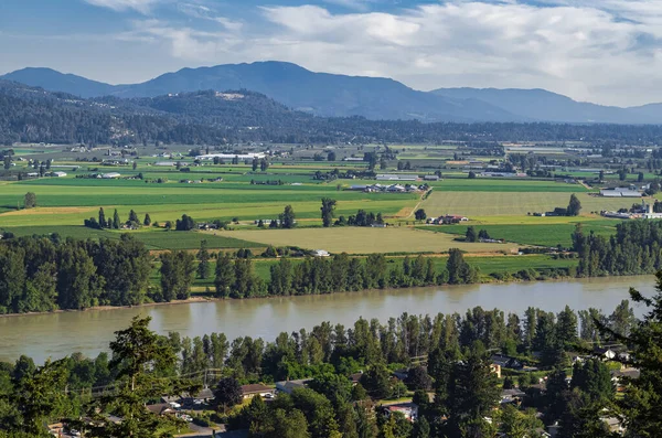 View of the Fraser Valley near Abbotsford BC. Summer in the Fraser Valley. Canadian homestead. Rural agricultural land. The Frazier River is an important salmon habitat for the lower mainland of BC