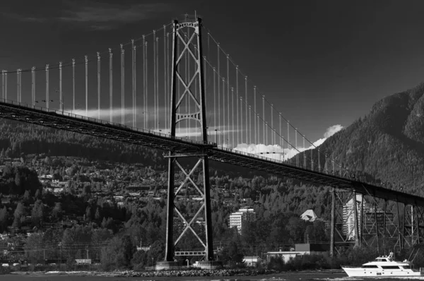 Lions Gate Bridge in summer day, Vancouver, BC, Canada. View of Lions Gate Bridge from Stanley Park. Built in the 1930s, Vancouver\'s Lions Gate Bridge spans across Burrard Inlet to the Northshore