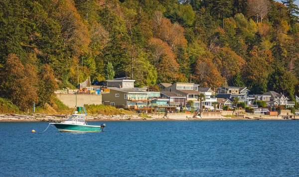 Kleurrijke Huizen Aan Kust Van Oceaan Omgeven Door Herfstgebladerte British — Stockfoto