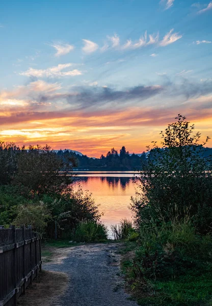 Sunset on the lake in beautiful British Columbia. Sunset at coast of the lake. Nature landscape in Canada. Nobody, copy space for text, selective focus