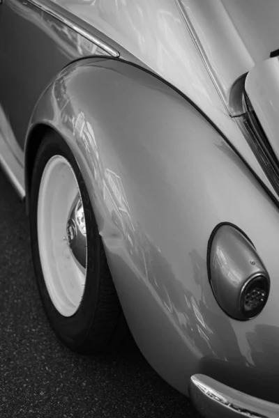 Classic car details close-up. Vintage Car Detail. Black and white photo. Nobody, street photo