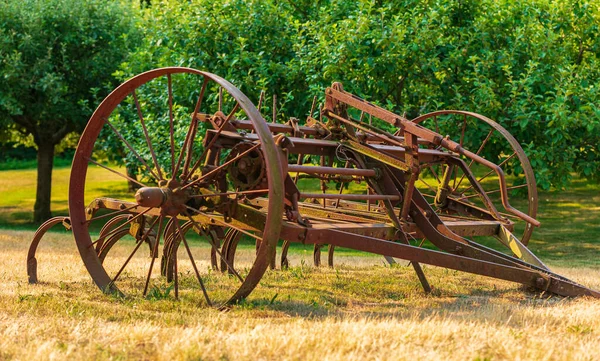 A rusty farm tool in a field. Old hay rake in a rural field on the country side. Antique Farm Equipment. Nobody, selective focus, ttavel photo