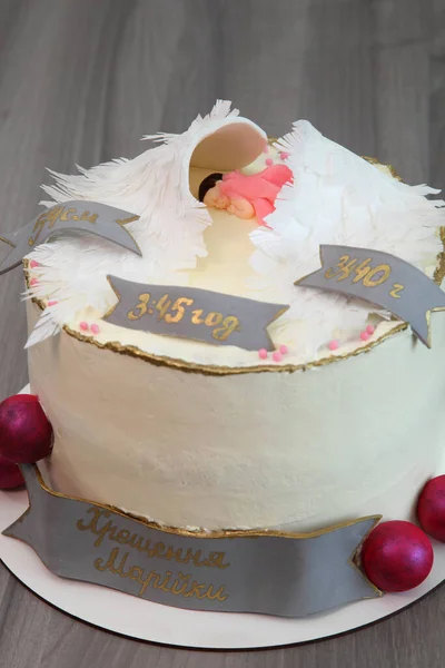 Torta Festiva Compleanno Bambino Iscrizione Sulla Torta Con Nome Data — Foto Stock